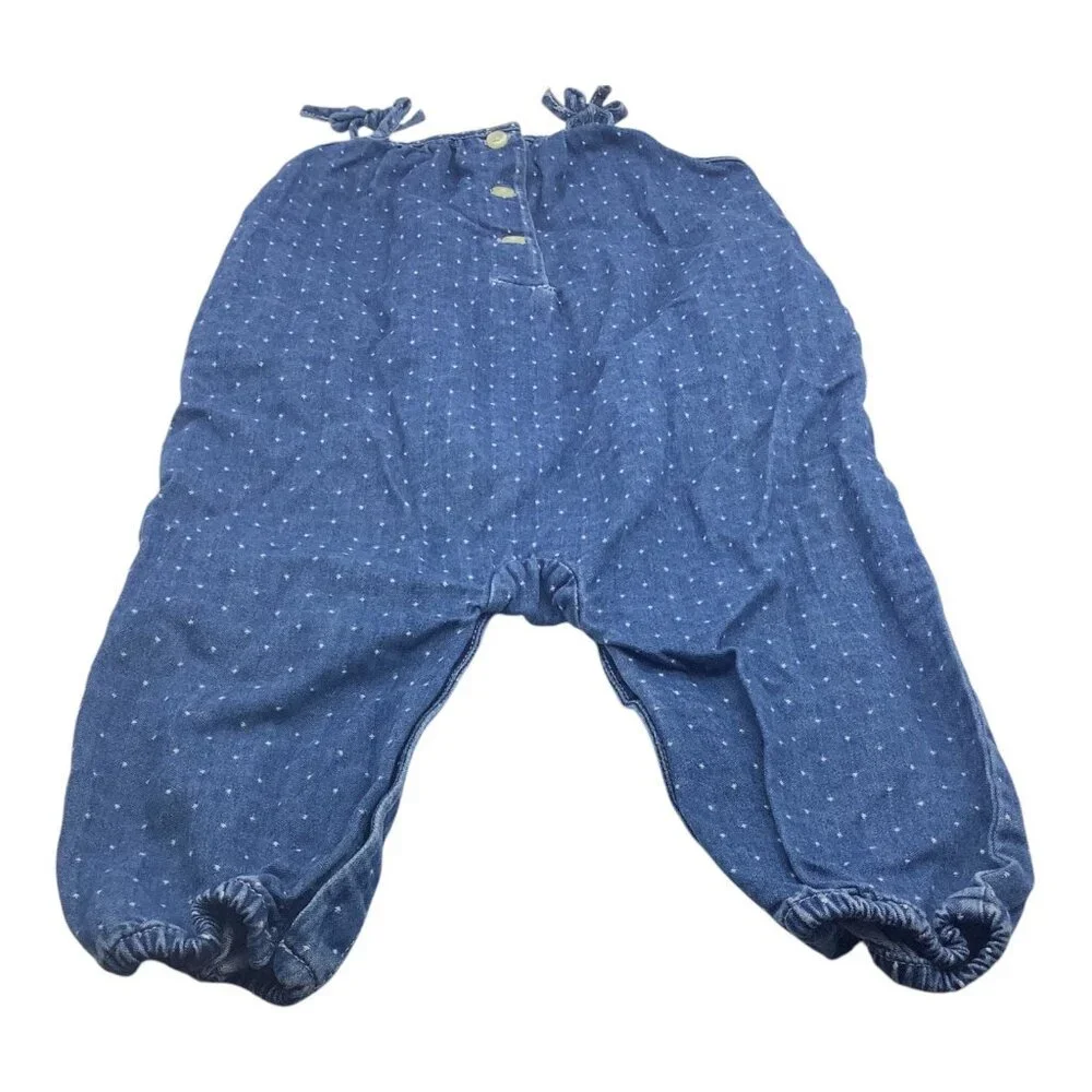 Baby Gap Denim Jumpsuit Romper Baby Girl 6-12 Months‎ Blue Polka Dot Tie Straps